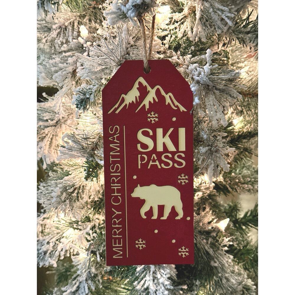 NEW Set of 5 Merry Christmas Wooden “Ski Lift Pass” Ornament Rustic Cabin Lodge